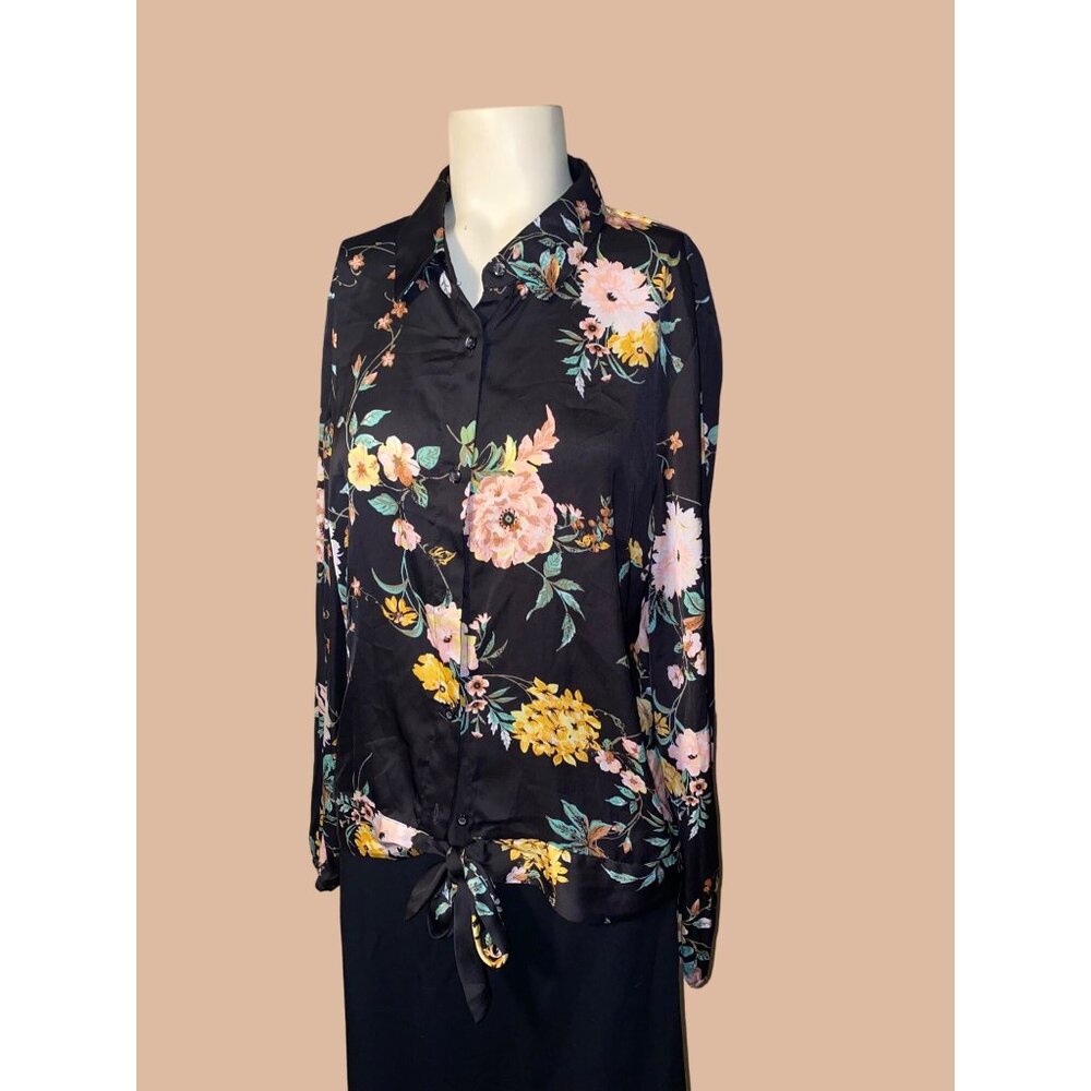 Lauren Conrad Black Floral Tie Front Blouse Women's M